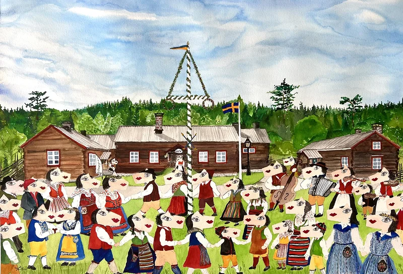 Akvarell Midsommar på Olnispagården av Catarina Hjort Tolstoy