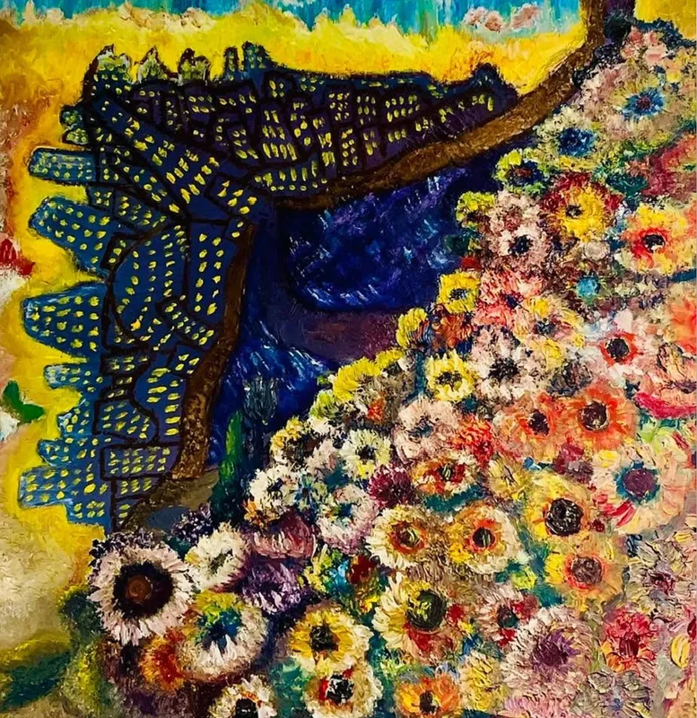 Oljemålning Blomsterstad av Magdalena Wiklund