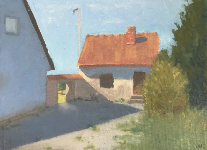 Oljemålning Hönshus i byn av Joakim Bernhardsson