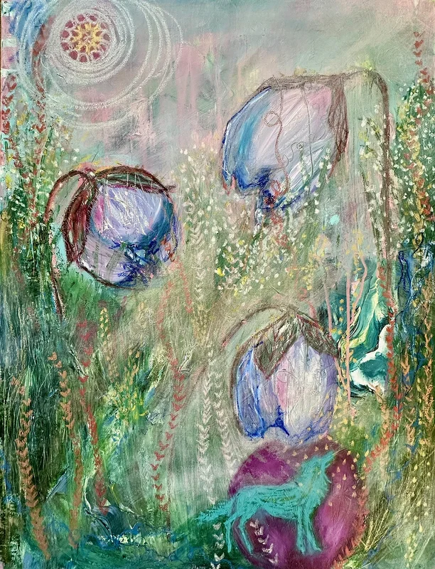 Akrylmålning Blue anemones and the wolf av Nina Johansson - Freeride Painter Johansson
