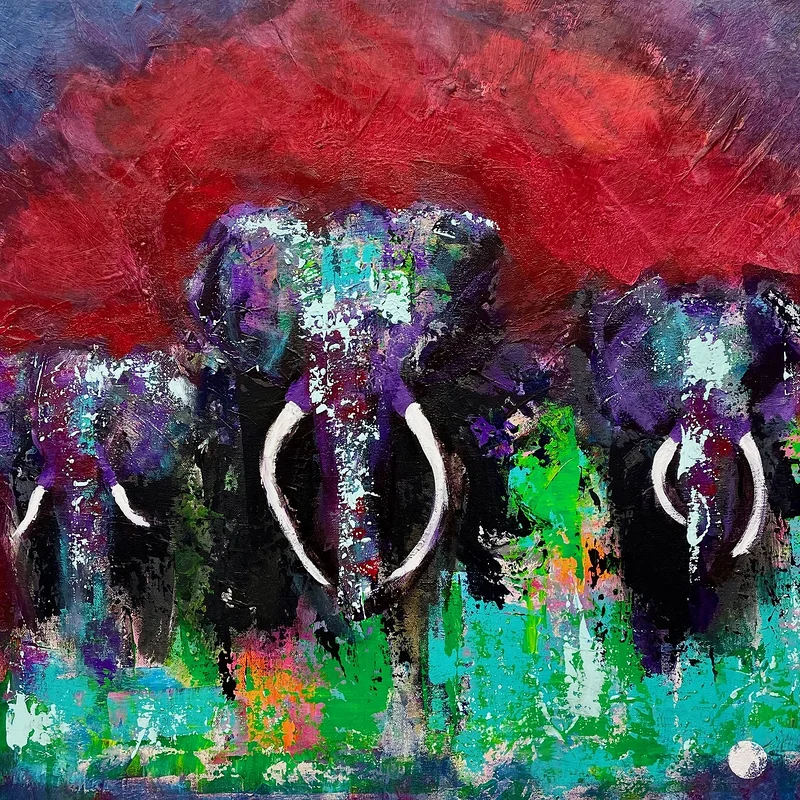 Akrylmålning Elefant. "Sundowner" av Ulrike Nordquist