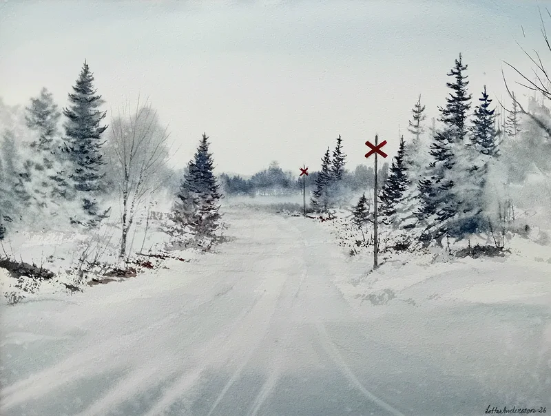 Akvarell Vinter längs gamla järnvägen av Lotta Andersson