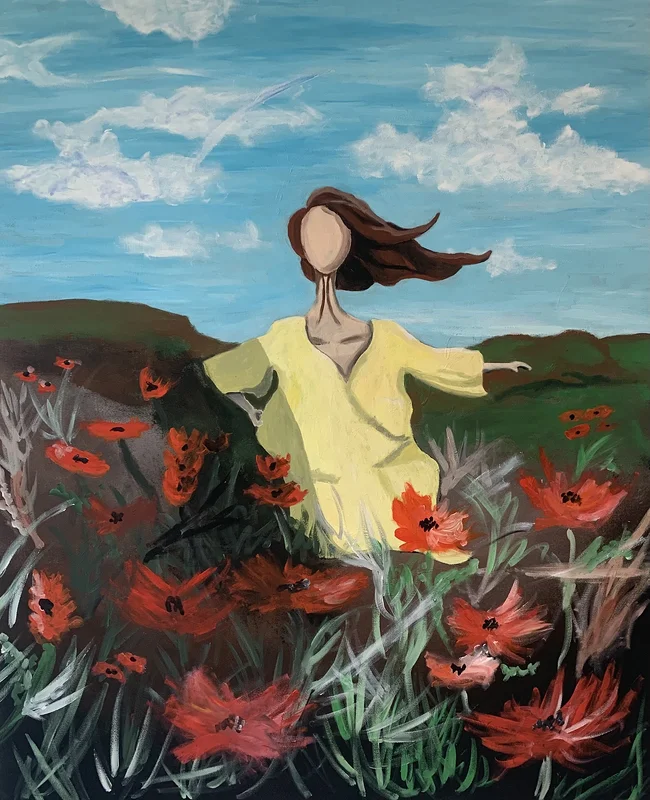 Akrylmålning The woman with the yellow dress av Elsa Landberg