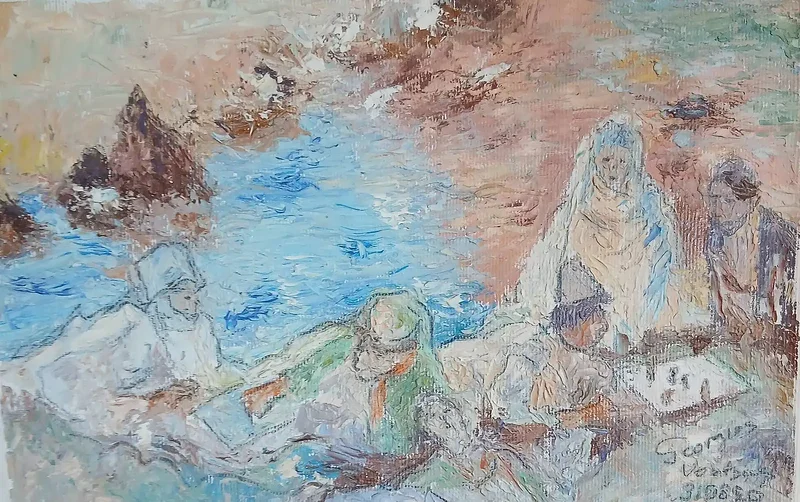 Oljemålning Brädspel, med figurer av Georgios Voutsas