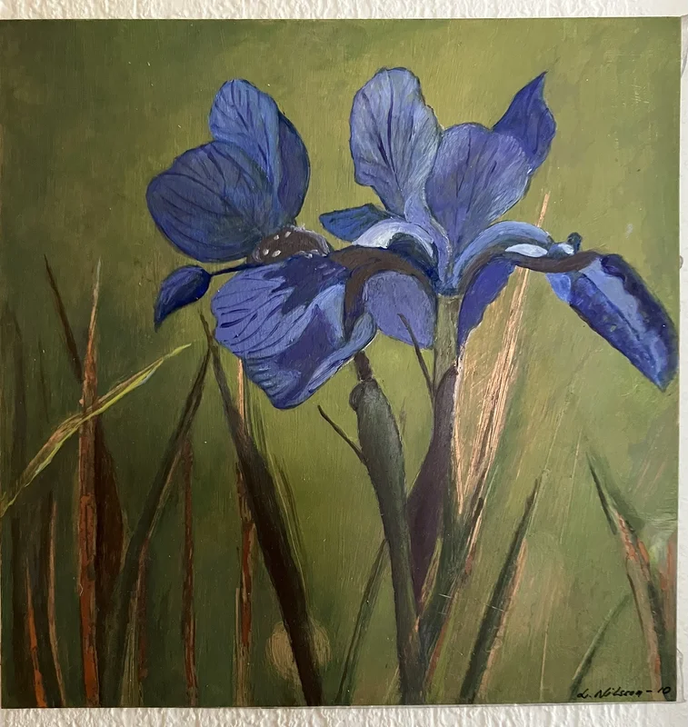 Oljemålning Iris mot kopparbakgrund av Lilian Nilsson