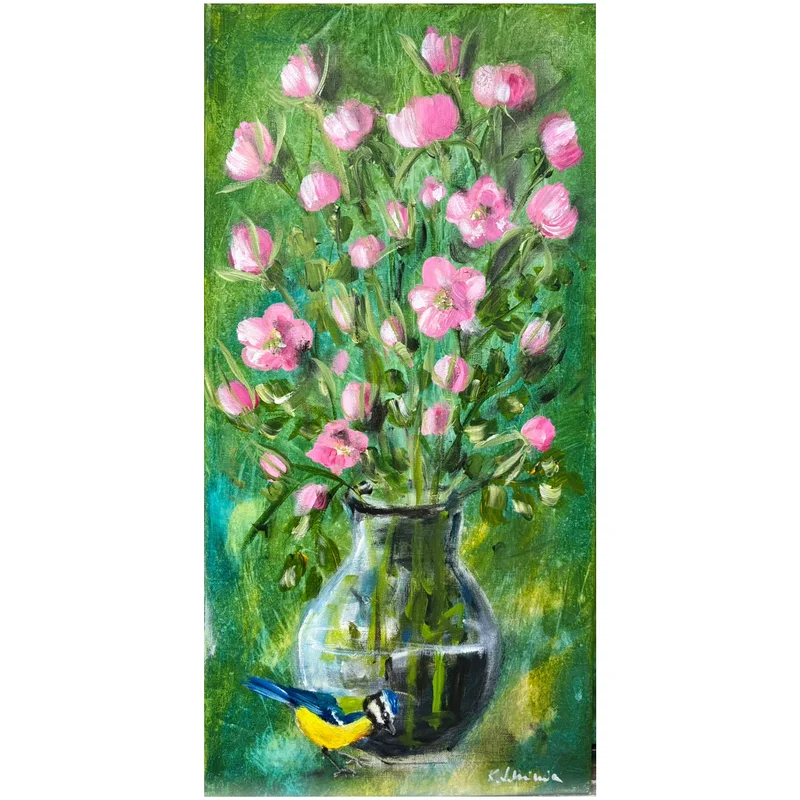 Akrylmålning Hej lilla blåmes, rosa rosor av Karolina Lohiniva
