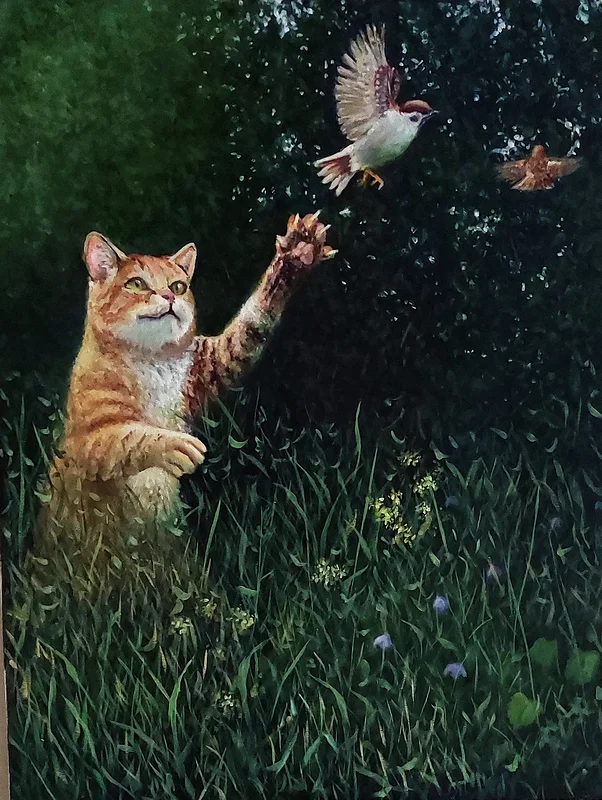 Oljemålning Katt jagar pilfink av Deek Wawrzyniak