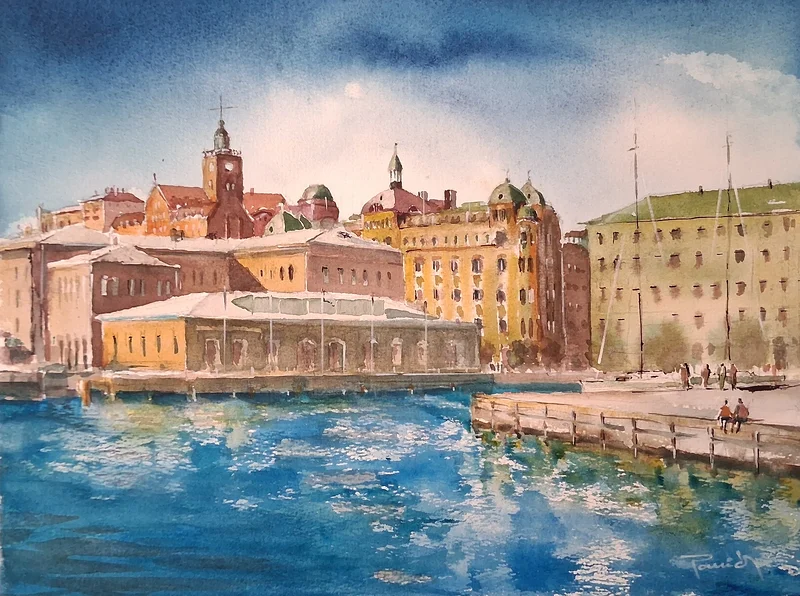 Akvarell Packhuskajen av Jugoslav Pavic