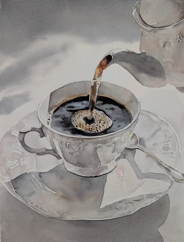 Akvarell KAFFE I SOLEN av Emelie Aronsson