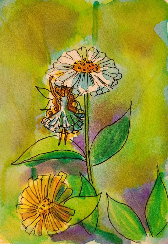 Akvarell A zinnia fairy av Malva Forslin