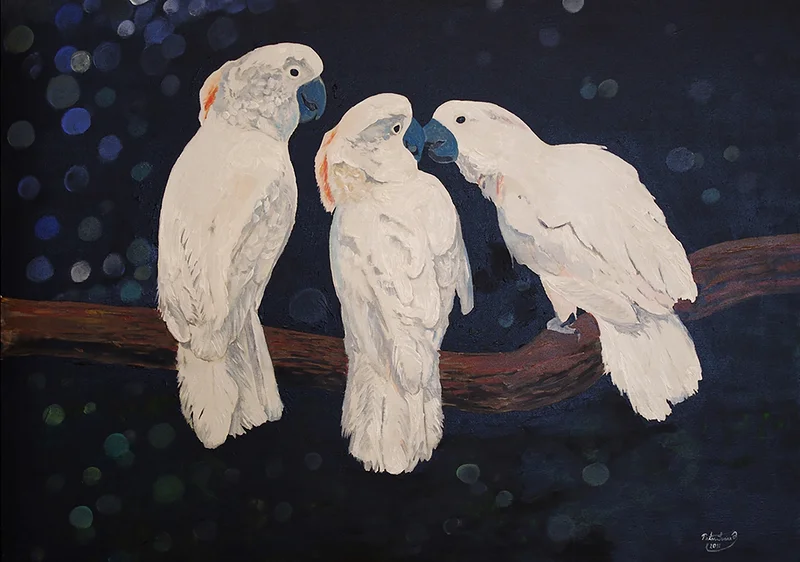 Akrylmålning Rainforest Cockatoos av Peter Suárez