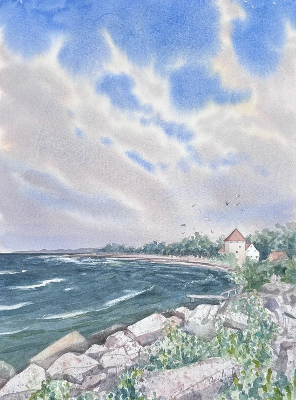 Akvarell Vågor mot Visby av Anna Wolf