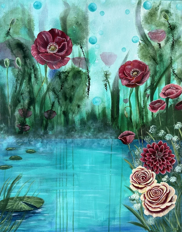Turquoise Reflections – Stor surrealistisk tavla i turkosa toner med vallmo, dahlia och rosor – originalkonst av Art by av Art By Lycke / Ann-Sofie Lycke