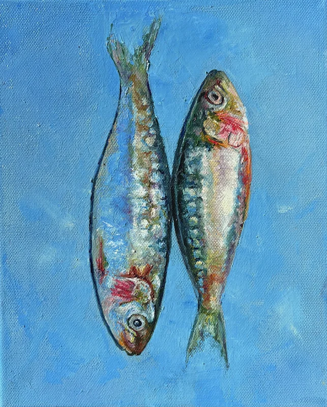 Oljemålning Two fat sardines av Anastasiya Kostyuk
