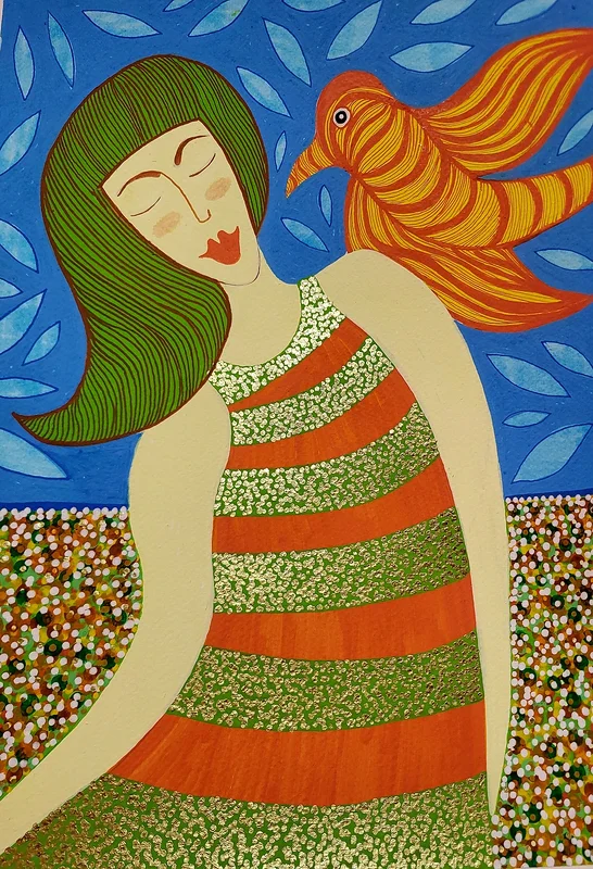 Akrylmålning Whispering bird av Ingela Juhlin