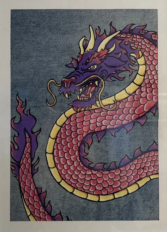 Akrylmålning Dragon on denim av Tilde Fjällstål