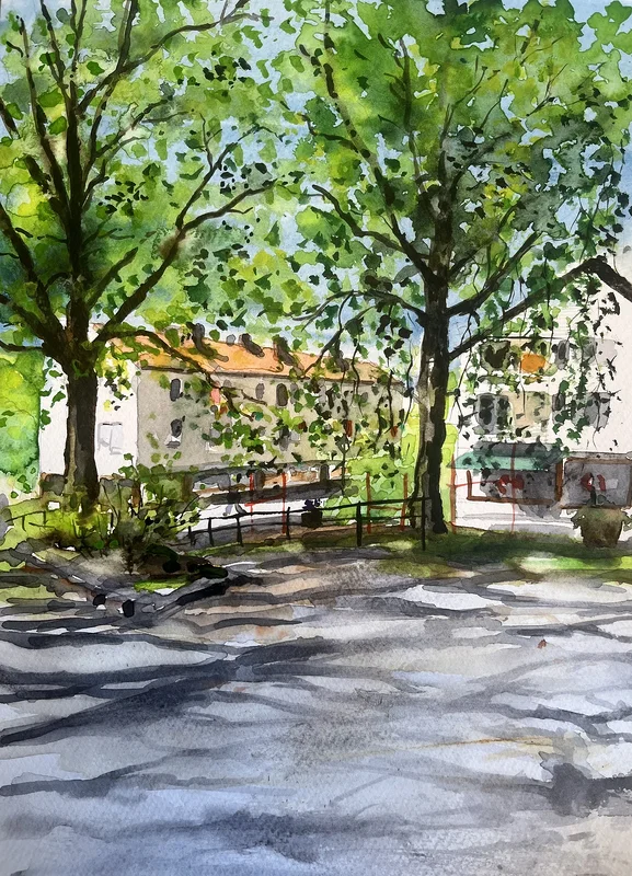 Akvarell Sirapsvägen i Hökarängen av Åsa Köhler