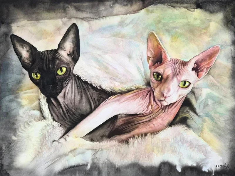 Akvarell Nakenkatter av Olga Brink Art