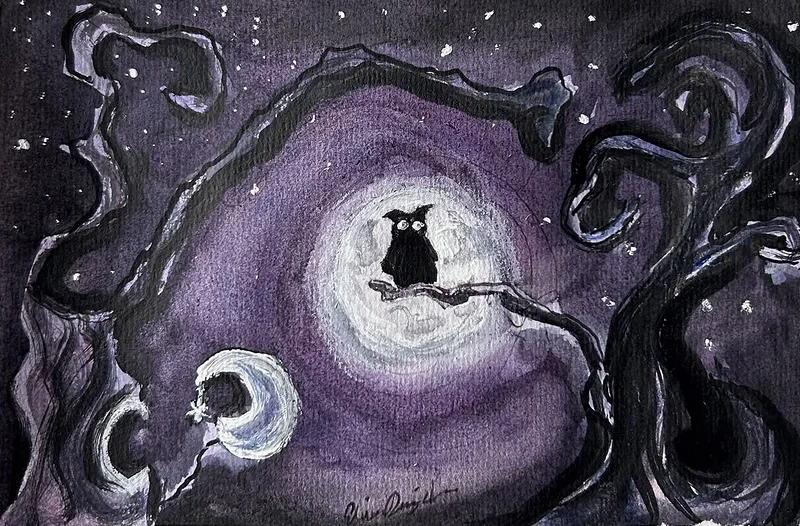 Akvarell Purple night owl av Elvira Dingsten