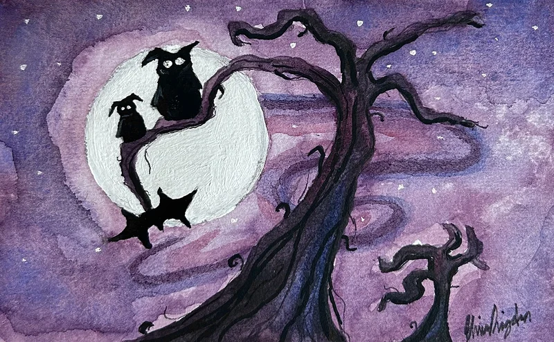Akvarell Two owls, moon night av Elvira Dingsten