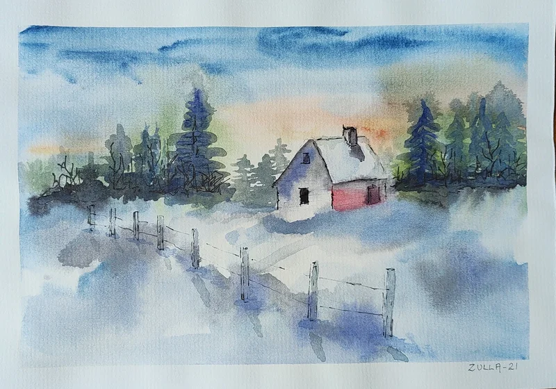 Akvarell Stuga i skogen av Susanne Persson