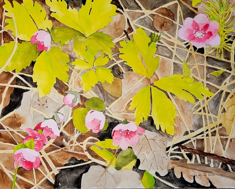 Akvarell Rosa blåsippor av Malva Forslin