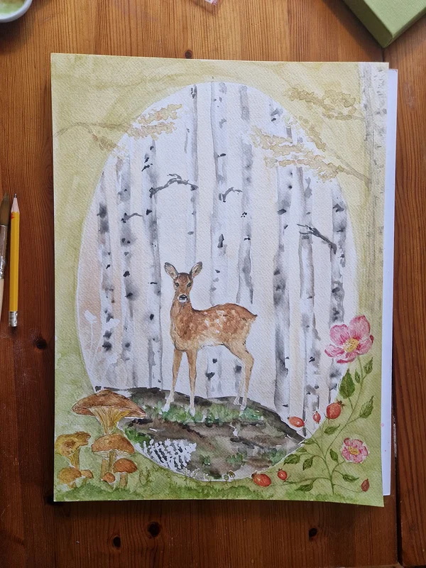 Akvarell Rodjur i skogen av Imola Mayer