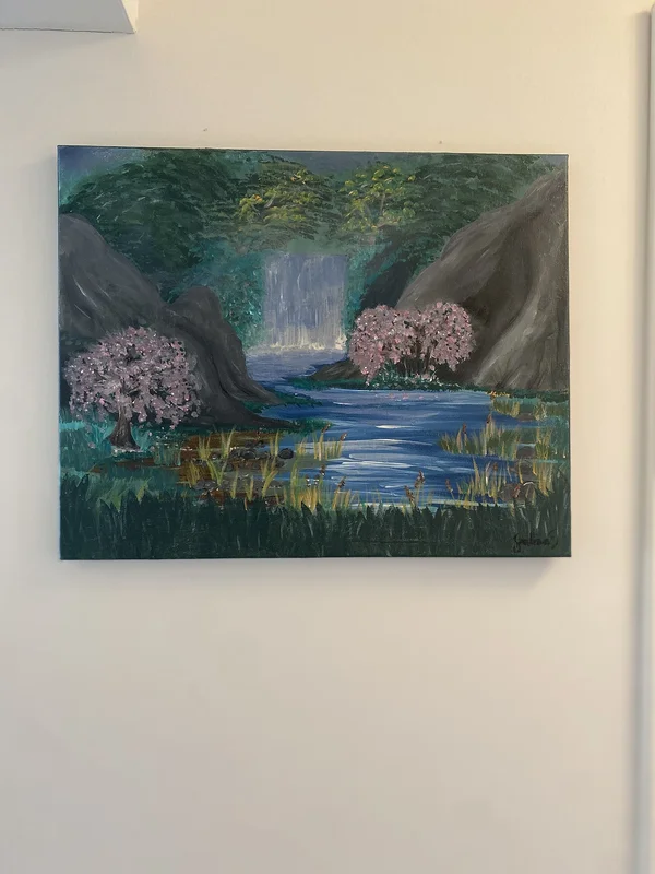Akrylmålning Waterfall and cherrytrees av Sabina Ekvall