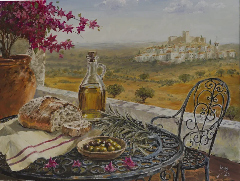 Oljemålning Alentejo terrace av Pedro Sousa
