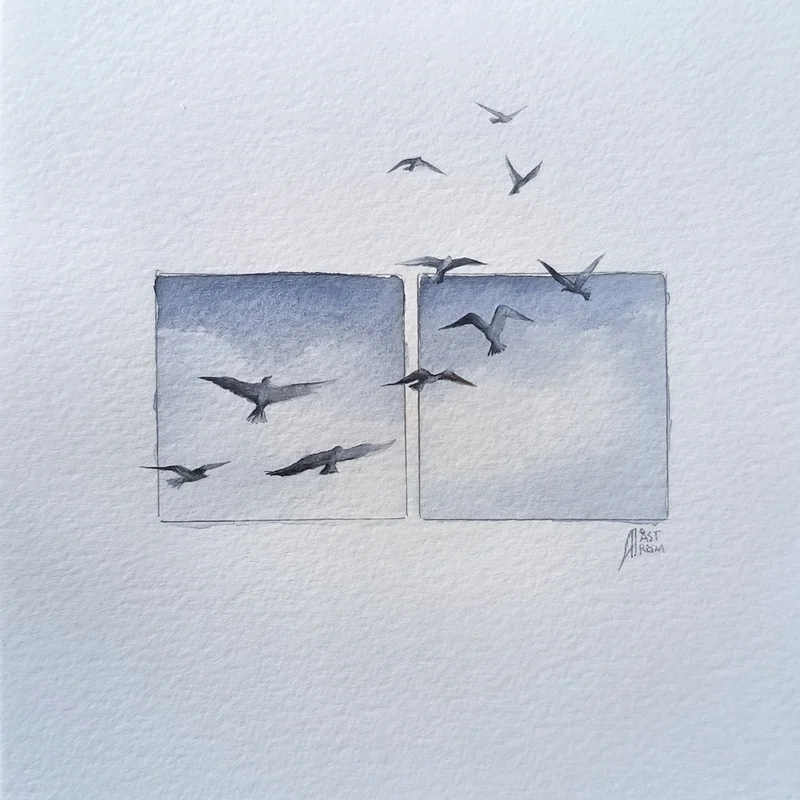 Akvarell Winding birds av Anna Åström