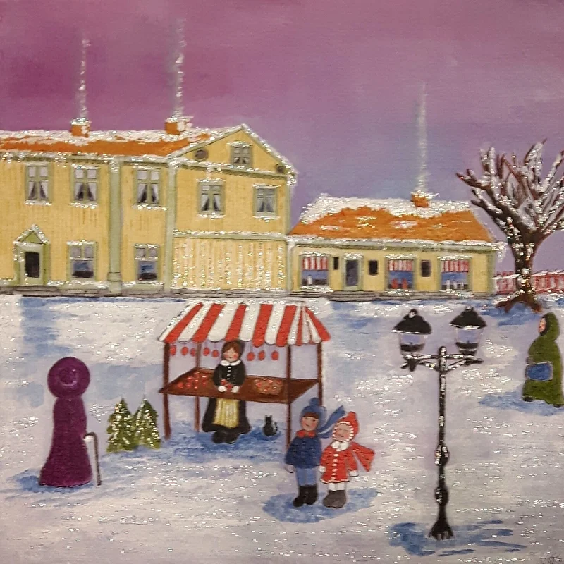 Akrylmålning Julmarknad vid Tingsgården Eskilstuna av Rose-Marie Österström