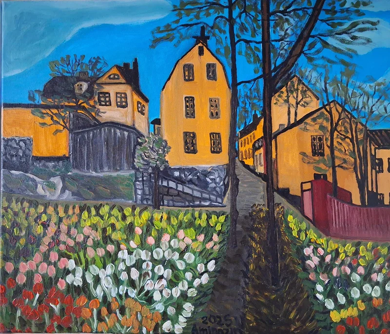 Oljemålning Ett mirakel av blommande tulpaner på Södermalm av Aminazin Van-Gogin