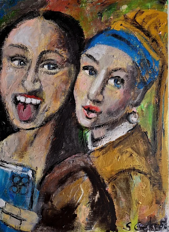 Akrylmålning Selfie med BFF av Susanne Gerlecz