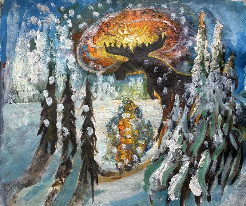 Oljemålning Älg i snöfall av Björn Ulander