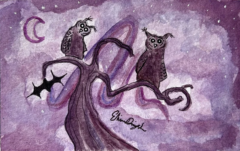Akvarell Whimsical owls av Elvira Dingsten