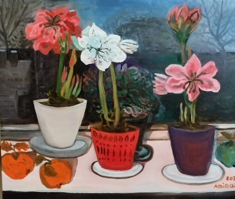 Oljemålning Julblommor och äpplen av Aminazin Van-Gogin
