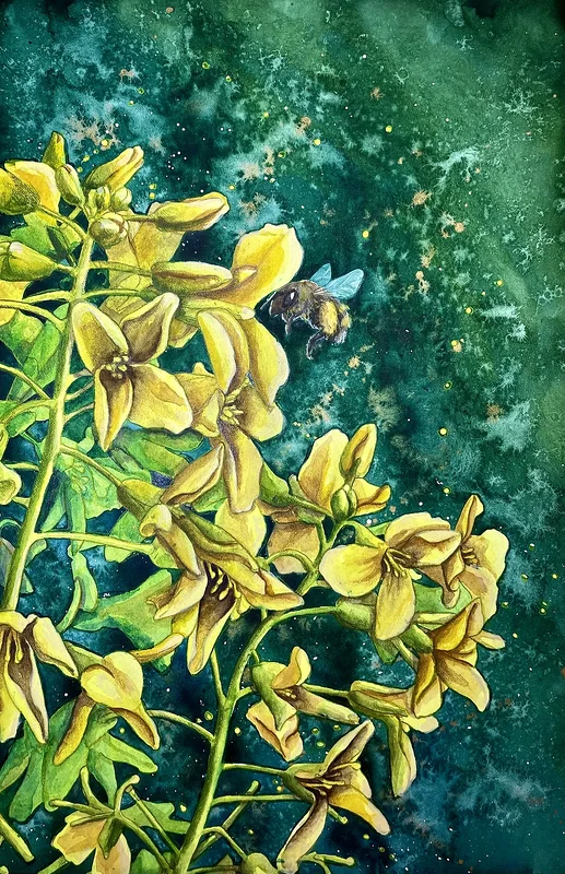 Akvarell Broccoli blommor och ett bi av Egle Kristensen