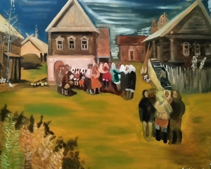 Oljemålning En kopia av en omtyckt målningen,- " En by i norden" av Aminazin Van-Gogin