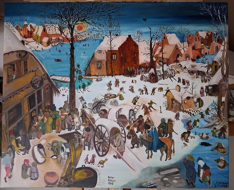 Oljemålning En kopia av den världkända målningen av Peter Bruegel:" The census in Betlehem!" av Aminazin Van-Gogin