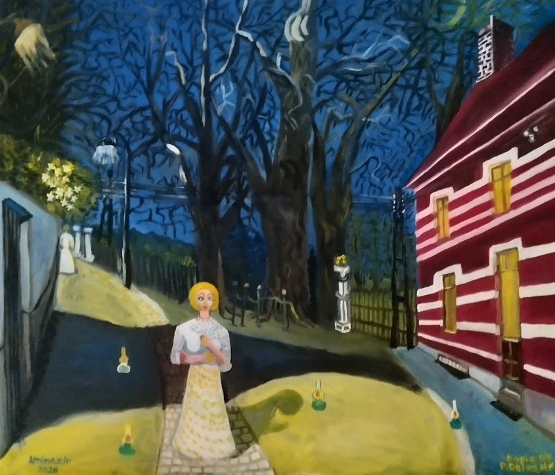 Oljemålning En kopia av Paul Delvaux "Flickan med oljelampa" av Aminazin Van-Gogin