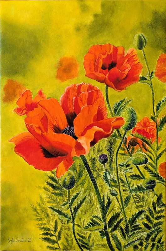 Oljemålning Blommor Vallmo av Sofia Bexelius