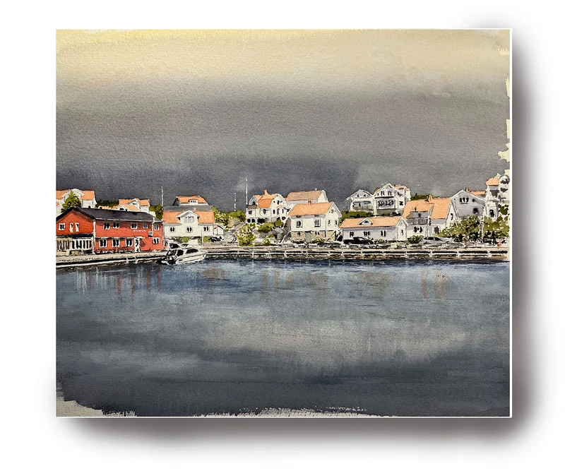 Akvarell Hamnen Mollösund av Thomas Ahlander