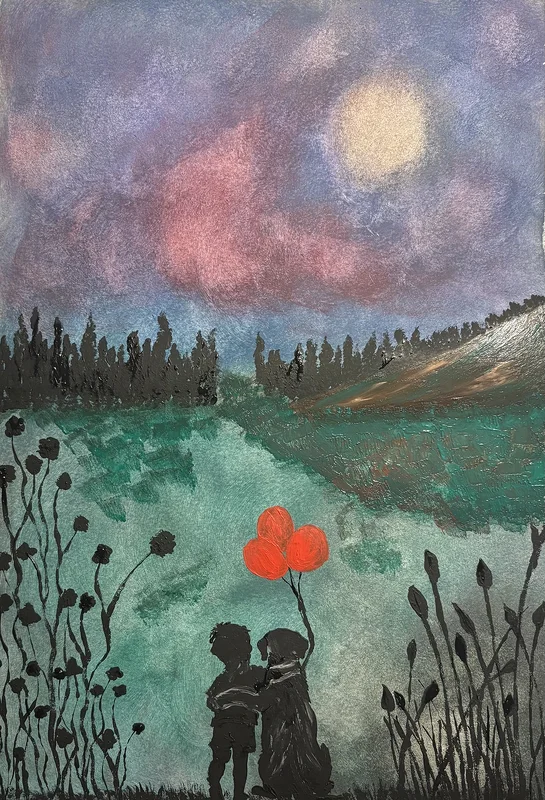 Akrylmålning Tre röda på ängen av Ann-Christin (Acmpainting) Martinsson