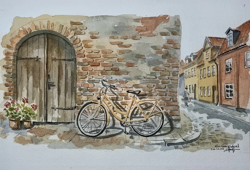 Akvarell En gul cykel av Pär Håkan Henriksson