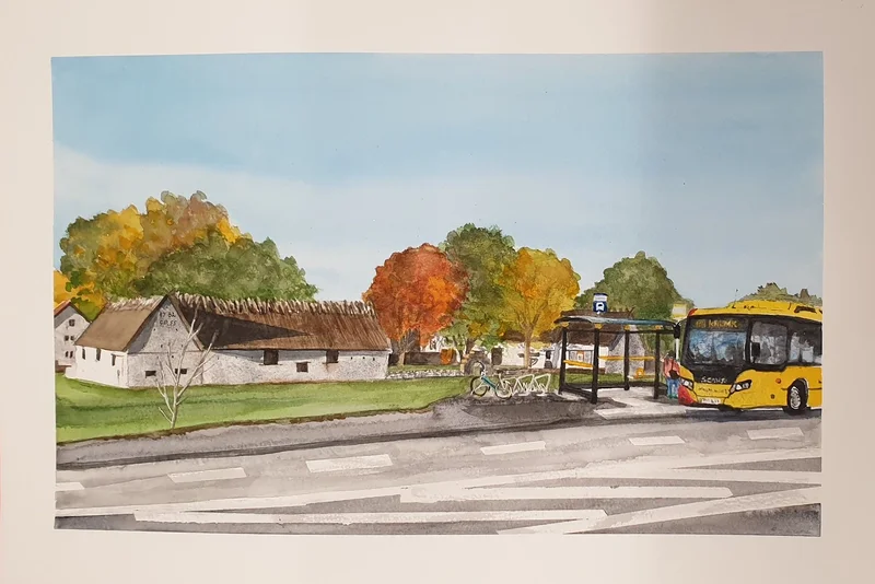 Akvarell Nr 50 - Busshållplats i Glömminge av Angelika Ann Kammerer