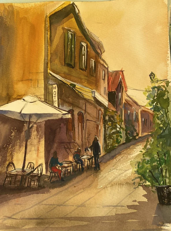 Akvarell En dag på torget i Frankrike av Christina Ljungberg