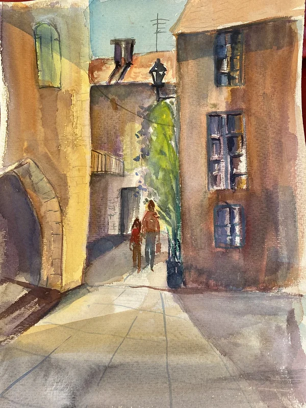 Akvarell Torget i Tornon av Christina Ljungberg