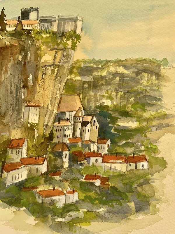 Akvarell Rocamador i dordogne av Christina Ljungberg