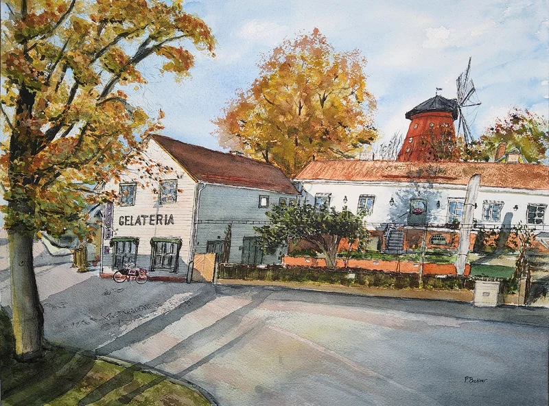 Akvarell Gelateria Strängnäs hamn av Paula Bakker