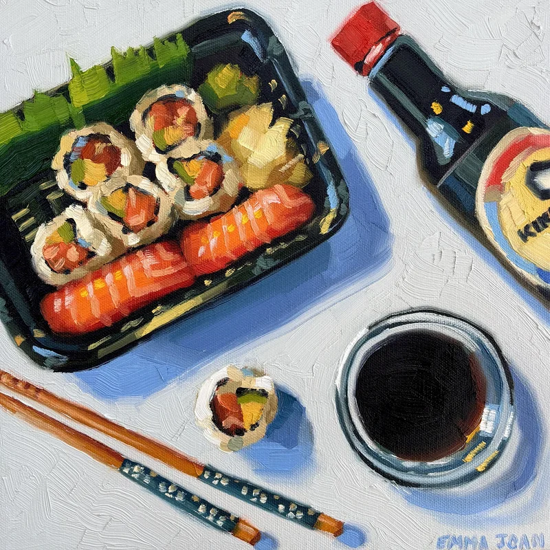 Oljemålning Sushi Takeout av Emma Joan